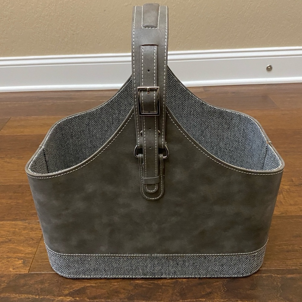 Gray Faux Leather Tweed Magazine Holder Storage Bin Basket Home Decor